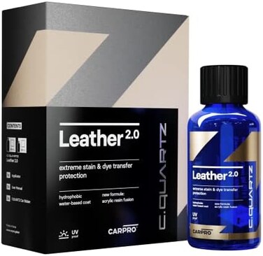 CARPRO CQUARTZ Leather 2. 0 - Kit - HydrophobicOil Phobic, Safe on All Car Leather, Resistance to UV, Denim Dye Coloring, Abrasion and Stains (30ml Kit.