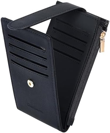 Chelmon Womens Wallet Slim RFID Blocking Bifold Multi Card Case Wallet with Zipper Pocket (Black Smooth.