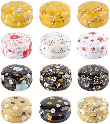 Rarapop 12 Pack Round Empty Hinged Tins Box, Mini Vintage Box Travel Tin Cans, 20ml Refillable Container Bottle for Candle, Lip Balm, Salve, Eye Shadow, Powder, Flower.