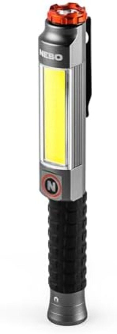 NEBO Big Larry 3 Work Light, 600 Lumen Flashlight with COB Work Light, Pocket Clip Magnetic Base for Hands-Free Lighting, Portable COB LED Dimmable Flashlight, Hazard Light-Red.