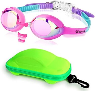 Keary Kids Swim Goggles Swimming Goggles for Toddler Children Girls Boys Youth, Anti-Fog Waterproof UV Protection Clear Vision Mirror Flat Lens Water Pool Goggles with 3 Nose Piece, Pink Kids Go.