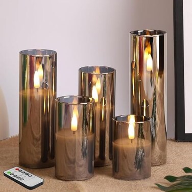 Eywamage 5 Pack Grey Glass Flameless Candles with Remote, Flickering Slim Tall LED Pillar Votive Candles Battery Included.