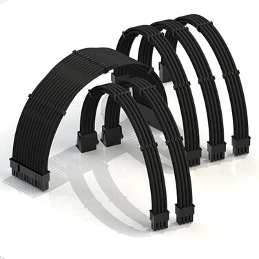 LINKUP PSU Cable Extension Sleeved Custom Mod GPU PC Braided w/Comb Kit - Compatible with RTX30901 x 24 P (2042 x 8 P (44CPU3 x 8 P (62GPU set30CM 300MM - Black.