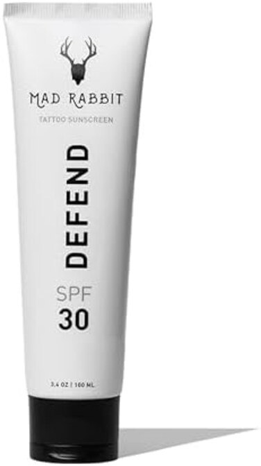 Mad Rabbit Defend Tattoo Sunscreen- SPF 30 100mL Tube- Mineral Sunscreen Lotion - Tattoo Fade Protection and Moisturizer, Anti-Aging Formula.