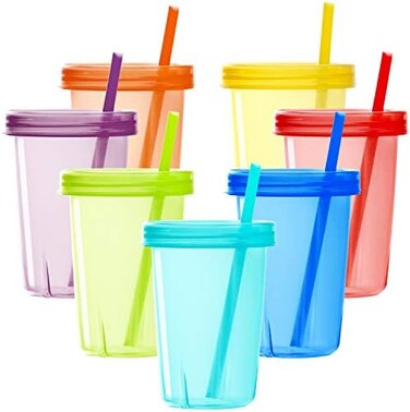 Youngever 7 Sets Plastic Kids Cups with Lids and Straws, 7 Reusable Toddler Cups with Straws in 7 Assorted Colors.