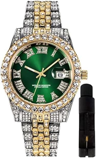 HUNRUY Hip Hop Watches for Men Iced-Out Bling Diamond Luxury Quartz Watches with Date.