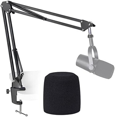 SUNMON MV7 Boom Arm Mic Stand with Pop Filter, Adjustable Suspension Boom Scissor Arm Stand with Pop Filter Compatible with Shure MV7 and SM7B Microphone.