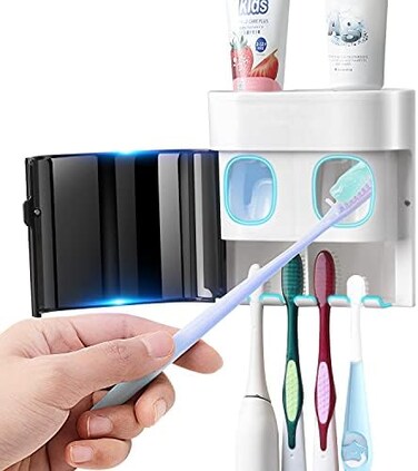 GFWARE Toothbrush Holder Toothpaste Dispenser Wall Mounted Toothbrush Organizer Cover Electric Tooth Brush Stand Set with 2 Toothpaste Squeezers for Shower Bathroom Kids Black (No Electric, No Light.