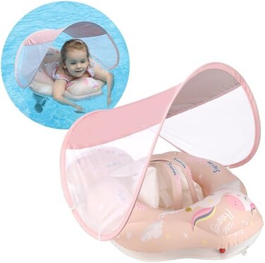 Free Swimming Baby Infant Pool Float with Sun Canopy Inflatable Baby Swimming Floatie with Sponge Safety Bottom Support Water Toys Swimming Trainer for Age of 3-72 Months (Pink, L.