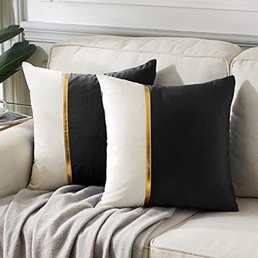 Fancy Homi 2 Packs Black Decorative Throw Pillow Covers 20x20 Inch for Living Room Couch Bed, and White Velvet Patchwork with Gold Leather, Luxury Modern Home Decor, Accent Cushion Case 50x50 cm.