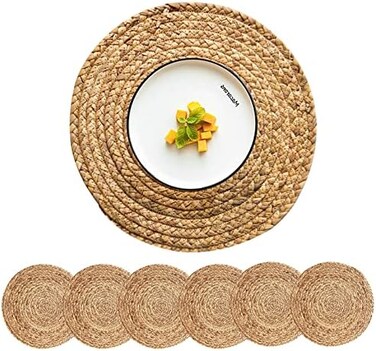CY SISTERS Woven Placemats for Dining Table Set of 6, 100% Natural Water Hyacinth Rustic Round Placemats Farmhouse Table Mats Rattan Wicker Placemats Hand Braided Place Mats for Indoor Outdoor, 13. 4&ldquo;