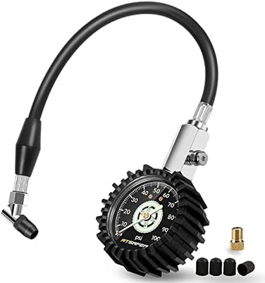 مقياس ضغط الإطارات ATsafepro 100psi يضيء في الظلام، مقياس ضغط الإطارات الميكانيكي ذو القرص 2.5 بوصة مع خرطوم مرن وظرف بزاوية، مقياس ضغط هواء تناظري معتمد الدقة للسيارات والشاحنات والدراجات.