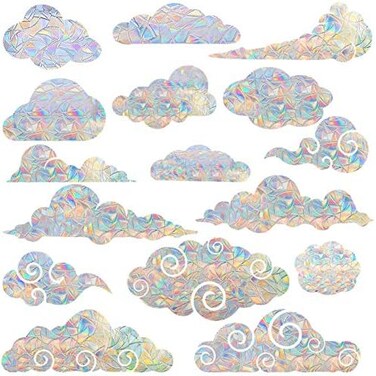 STICKERGURU 16 Pieces Cloud Window Clings - Anti-Collision Window Decals to Save Birds from Window Collisions,Non Adhesive Prismatic Vinyl Window Clings, Rainbow Stickers.