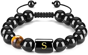 FRG Initials Bracelets for Men Letter Link Handmade Natural Black Onyx Tiger Eye Stone Beads Braided Rope Meaningful Bracelet.