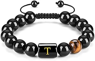FRG Initials Bracelets for Men Letter Link Handmade Natural Black Onyx Tiger Eye Stone Beads Braided Rope Meaningful Bracelet.
