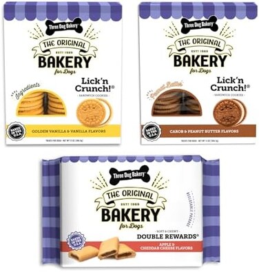 Three Dog Bakery Classic Cookies Variety Pack Premium Treats for Dogs, Carob/Peanut Butter, Golden/Vanilla,Double Reward, 36 Ounces, 3-Pack.