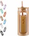 Kodrine 20oz Glass Water Tumble with Straw and Lid,Bamboo Lids Water Bottle, Iced Coffee Cup Reusable, Wide Mouth Smoothie Cups, Straw Silicone Protective Sleeve BPA FREE-Amber.