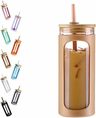 Kodrine 20oz Glass Water Tumble with Straw and Lid,Bamboo Lids Water Bottle, Iced Coffee Cup Reusable, Wide Mouth Smoothie Cups, Straw Silicone Protective Sleeve BPA FREE-Amber.