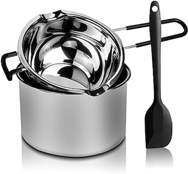SONGZIMING Double Boiler Pot Set, Stainless Steel Melting Pot with Silicone Spatula for Melting Chocolate, Soap, Wax, Candle Making (600ml and 1600ml.