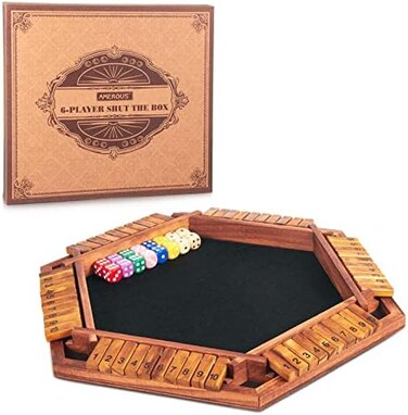 AMEROUS Upgraded 1-6 Players Shut The Box Dice Game, Wooden Board Table Math Game with 16 Dice for Kids Adults, Family Classroom Home Party or Pub.