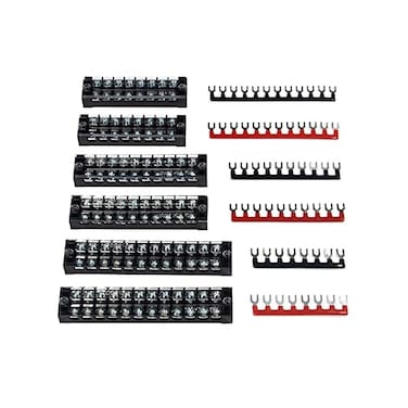 MILAPEAK 6 Sets Terminal Blocks, 8/10/12 Positions 600V 25A Dual Row Wire Screw Terminal Strip Block with Cover400V 25A Pre-Insulated Bus Bar Terminals Barrier Strips Jumpers (BlackRed.