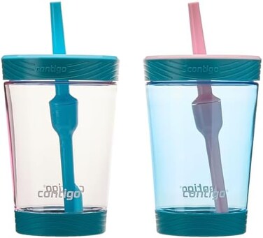 Contigo Kids Spill-Proof 14oz Tumbler with Straw and BPA-Free Plastic, Fits Most Cup Holders and Dishwasher Safe, 2-Pack Strawberry CreamBlue Raspberry.