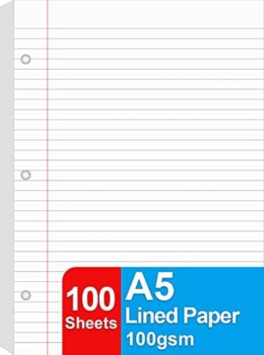 Getvow A5 Lined Refill Paper, 3 Holes Punched Office College Filler Paper, 100Sheets/200Pages, 100gsm White Loose-leaf Binder Paper, 5. 8'' x 8. 2''.