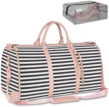 Ytonet Carry On Garment Bag, Large Hanging Duffle Bag for Women, PU Leather Waterproof Bags Travel with Shoe Pouch - 2 in 1 Suitcase Suit Bags, Black and White Stripe.