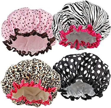 TCOTBE 4 Pieces Shower Cap for Women, Elastic and Reusable, Environmental Protection Hair Bath Caps, Double Waterproof Layers Bathing Hat.