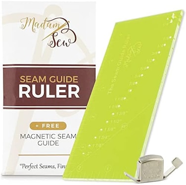 Madam Sew Seam Allowance Ruler and Magnetic Seam Guide for Sewing MachinePerforated Seam Gauge for Perfect 1/8&rdquo; to 2&rdquo; Straight Line HemsIncludes 1/4&rdquo; Pivot Point and 45 Degree Trim Line.