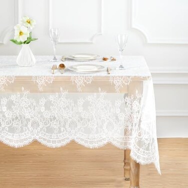 B-COOL 2 Pieces 60x120 Inch Lace Table Cloths Farmhouse Rustic White Tablecloth for Bridal Shower Flower Table Linen Outdoor Table Decorations.