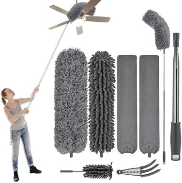 FUUNSOO Feather Duster, Dusters for Cleaning Extendable Telescoping Extension Pole 30 to 100 Inches, Long Handled Duster Reusable Bendable Washable Lightweight Dusters for Cleaning Ceiling Fan.