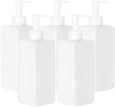 Youngever 5 Pack 16 Ounce Plastic Pump Bottles, Refillable Square Plastic Pump Bottles for Dispensing Lotions, Shampoos and More (White.