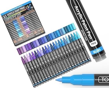 TOOLI-ART Acrylic Paint Pens BluePurple Tones 22 Assorted Pro Color Series Markers Set 0. 7mm Extra Fine Tip for Rock Painting, Glass, Mugs, Wood, Metal, Canvas, Projects, Non Toxic, Waterbased, Quick