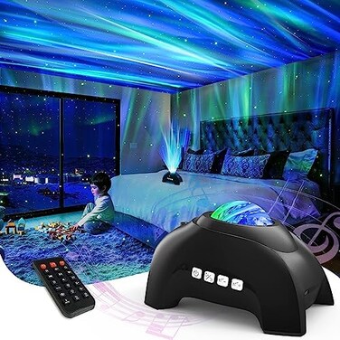 مكبر صوت AIRIVO Northern Aurora Star Music، جهاز عرض المجرات بضوء ليلي أبيض (أسود).