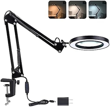 Dylviw Magnifying Glass with Light and Stand, 3 Color Modes Stepless Dimmable, 5-Diopter Glass Lens, Adjustable Swivel Arm, LED Magnifier Desk Lamp for Close Work, Repair, Crafts, Reading - Long.