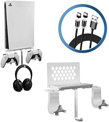 Hosanwell 5 in 1 PlayStation 5 (PS5Wall Mount Stand Bracket Bundle Set with 2 Way Charging Cable, Detachable Controller HolderHeadphone Hanger, Heat Dissipation Design, with Spirit LevelNon-Slip Mat.