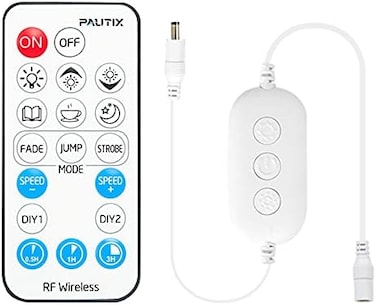 PAUTIX RF Remote Dimmer for Single Color LED Strip Lights,18-Key Wireless Remote and in-line Controller DC 5-24V for 3528/2835/5050/COB LED Tape Lights,Timer Function.