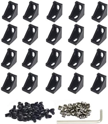 Iverntech 20pcs Black Aluminum Corner Bracket Connector Inside Joint Plate Fastener with 40pcs M5 T Nuts40 pcs M5 Screw1pcs Wrench for Standard 6mm Slot 2020 Series Aluminum Extrusion Profile.