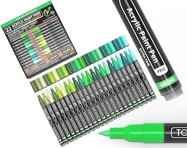 TOOLI-ART Acrylic Paint Pens 22 Green Tones Assorted Pro Color Series Markers Set 0. 7mm Extra Fine Tip for Rock Painting, Glass, Mugs, Wood, Metal, Canvas, DIY Projects, Non Toxic, Waterbased, Quick