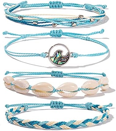 FANCY SHINY Wave Charm Bracelets String Beaded Bracelets Boho Shell Strand Bracelet Set Cute Braid Friendship Bracelets Waterproof Beach Surfer Jewelry for Women Teen Girls Sky Blue.