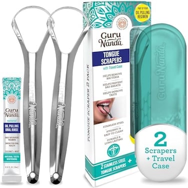 GuruNanda Stainless Steel Tongue Scraper (Pack of 2, Fight Bad Breath, Medical Grade 100% Stainless Steel Tongue Cleaner, Tongue Scraper For Adults and Kids, Great For Oral Care, Travel Friendly.