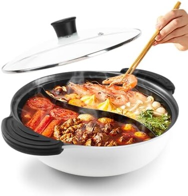 Kxuhivc Hot Pot with Divider for Induction Cooker Dual Sided Soup Cookware Two-flavor Chinese Shabu Shabu Pot for Home Party Family Gathering, 4. 5 Quart (White.
