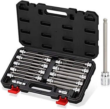 RIMKOLO 3/8 Inch Drive Long Ball End Hex Bit Socket Set,20-Piece SAEMetric Allen Socket Set 3mm to 10mm1/8-3/8 Inch S2 Steel Bits.