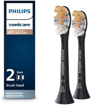 SONICARE Philips Genuine A3 Premium All-In-One Replacement Toothbrush Heads, 2 Brush Heads, Black, HX9092/95.