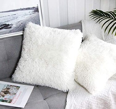 Uhomy 2 Packs Fluffy Accent Pillows Cover 22"x22", Soft White Faux Fur Throw Pillow Case, Modern Luxury Decorative Square Cushion Cover for Farmhouse Home Decor for Sofa/Bed/Chair, 55x55cm.