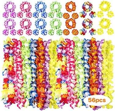 Hongyitime 56 Counts Hawaiian Leis, Luau Party Supplies of Elastic Flowers Necklaces, Headbands and Wristbands - Tropical Hawaiian Decorations, Beach Party Decorations, Birthday Party Favors.