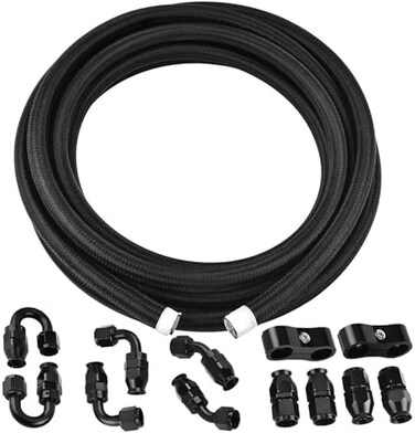 EVIL ENERGY 8AN 1/2" PTFE E85 Hose Braided Fuel Injection Line Fitting Kit 20FT Nylon Stainless Steel Black.