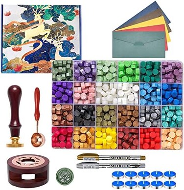 Iteryou Wax Seal Stamp Kit, 630 Pcs Wax Beads with Gift Box, Wax Seal Stamp with Sealing Wax Stamp, Wax Seal Warmer, Envelopes Metallic Pens, Wax Seal Stamp Set for Gift and Decoration.