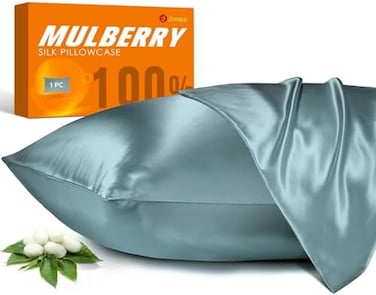 J JIMOO 100% Mulberry Silk Pillowcase for Hair and Skin, 22 Momme Natural Silk Pillow Case with Zipper, Both Sided Pure Silk Pillow Cover Gifts for Women Mom Men (Airy Blue, Standard 20''&times;26''.